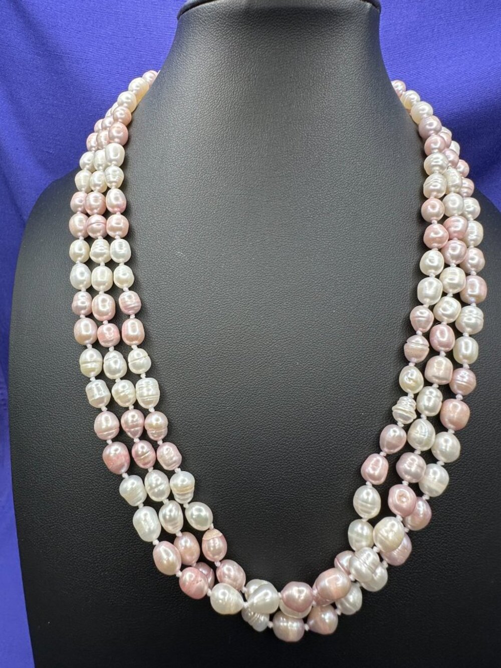 Super Long Freshwater Pearls Pale Pink/Cream Necklace .925 Clasp